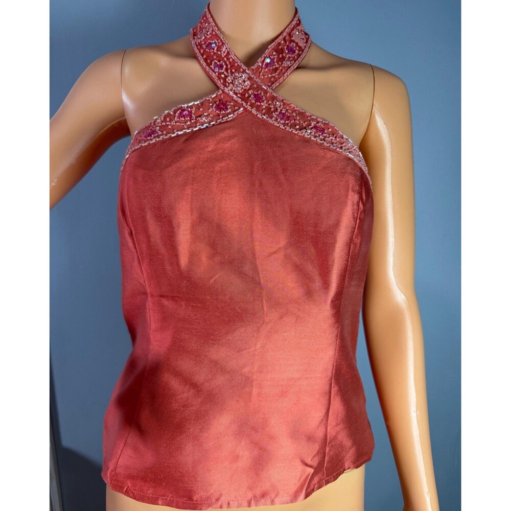 Bloomingdales 8P Silk Blend Beaded Halter Top Papaya Coral Cocktail Tank NWT.